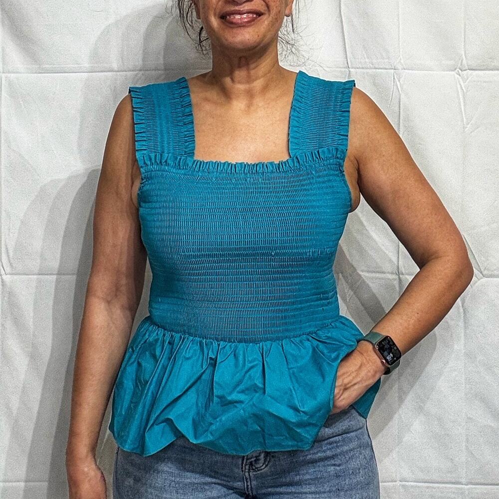 INC International Concepts Teal Smocked Peplum Top Sz M NWT